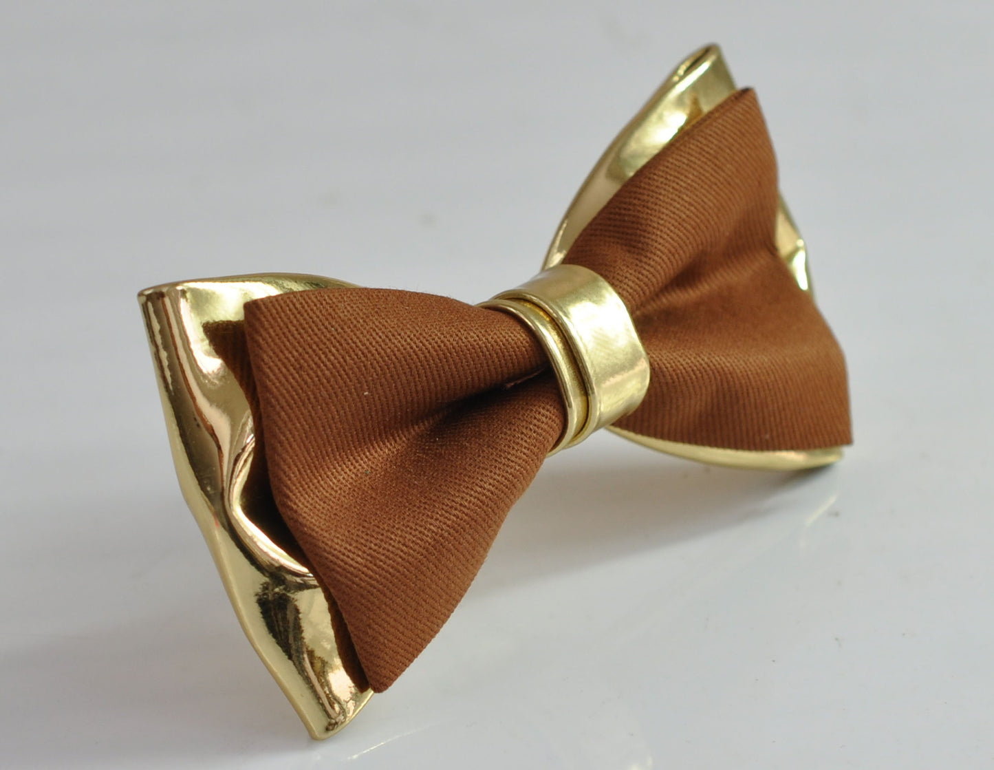 Tan Toffee Brown Cotton + Gold Faux Leather 2Layers Bow Tie Bowtie for Men Adult / Youth Teenage / Boy Kids / Baby Infant Toddler Wedding