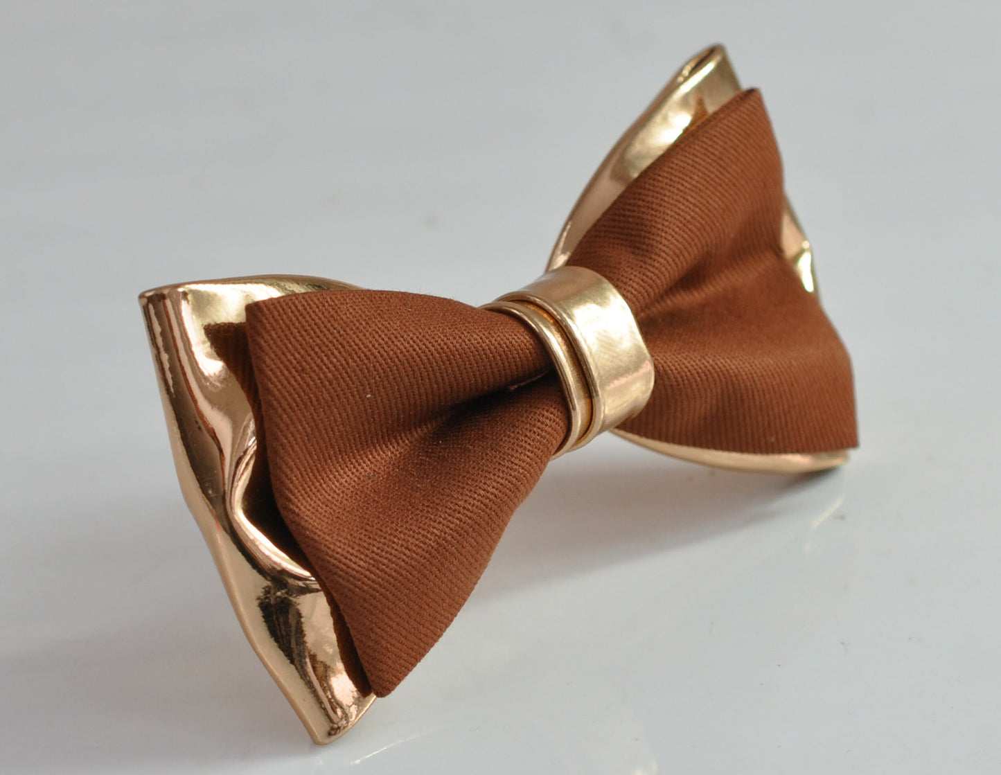 Tan Toffee Brown Cotton + Rose Gold Faux Leather 2Layers Bow Tie Bowtie for Men Adult / Youth / Boy Kids / Baby Infant Toddler Wedding