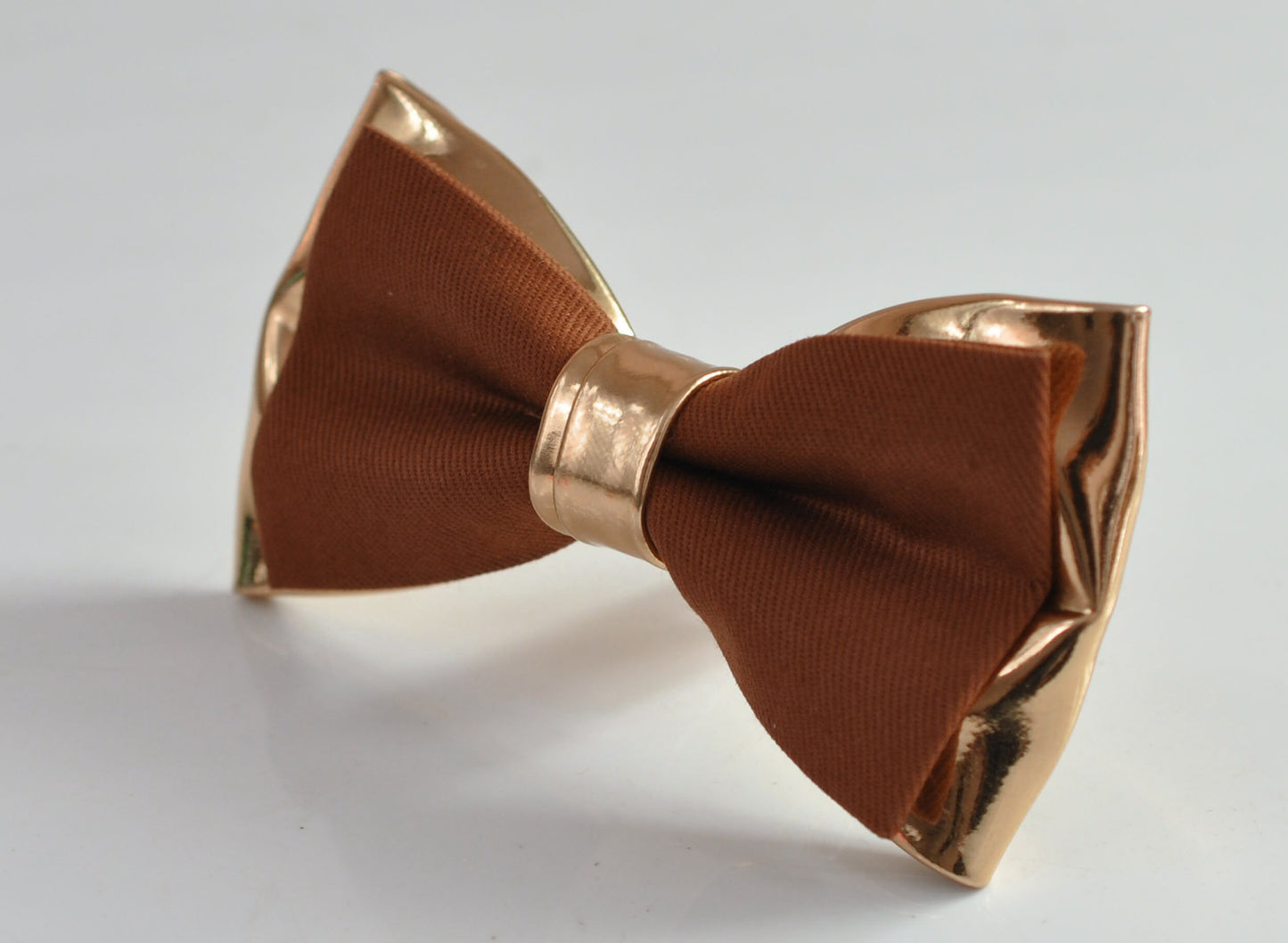 Tan Toffee Brown Cotton + Rose Gold Faux Leather 2Layers Bow Tie Bowtie for Men Adult / Youth / Boy Kids / Baby Infant Toddler Wedding