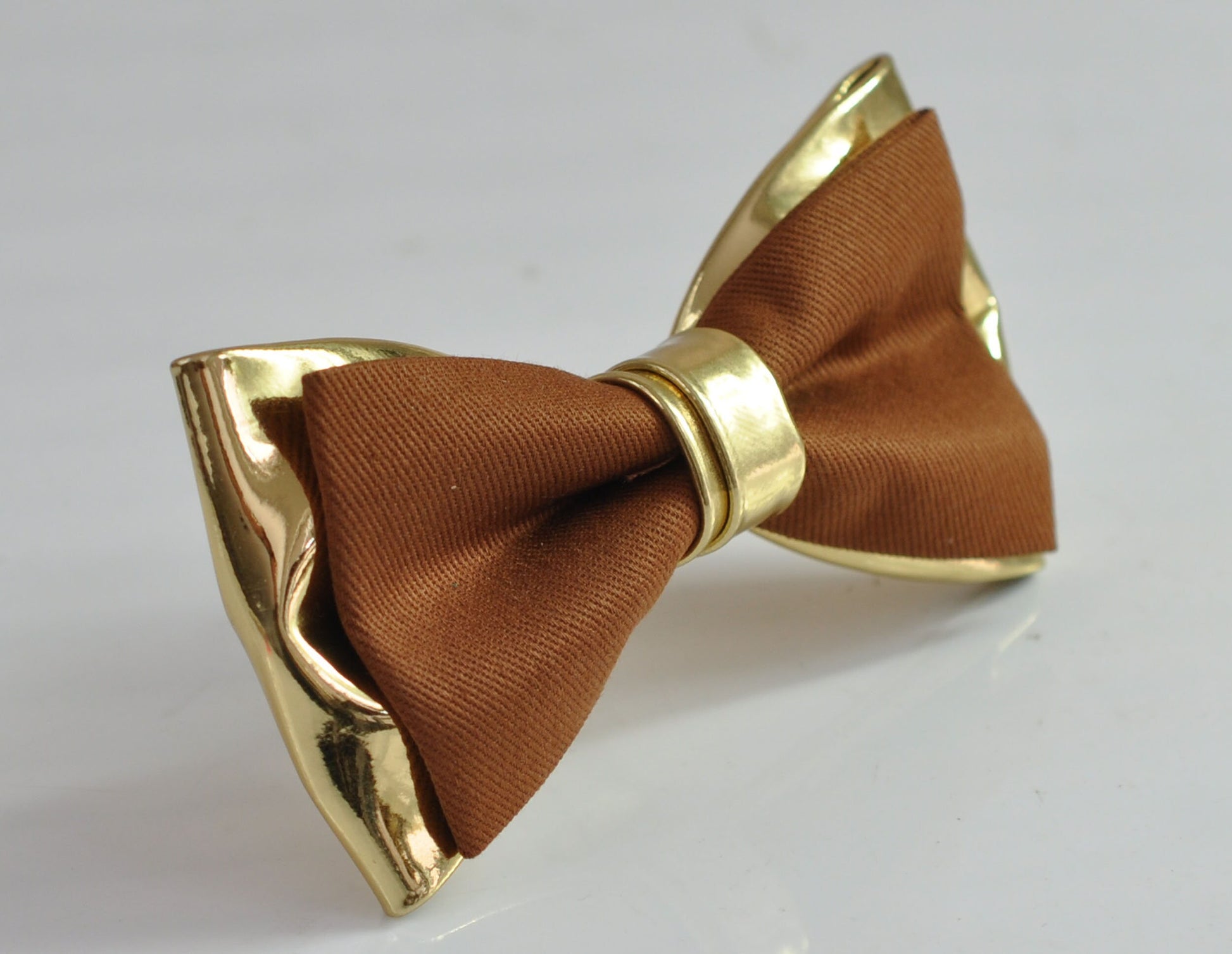 Tan Brown Cotton and Gold Leather Bow tie + matched Elastic Leather Suspenders Braces for Men / Youth / Boys Kids / Baby Infant Toddler
