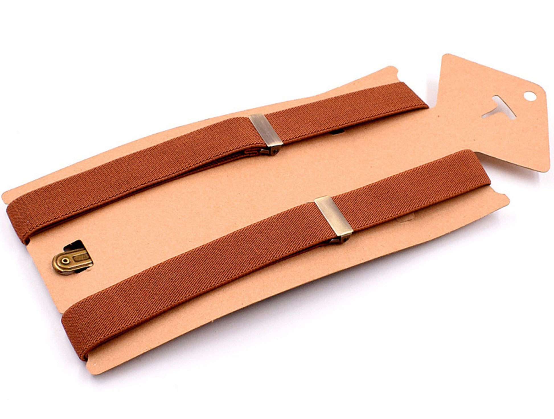 Tan Brown Cotton and Gold Leather Bow tie + matched Elastic Leather Suspenders Braces for Men / Youth / Boys Kids / Baby Infant Toddler