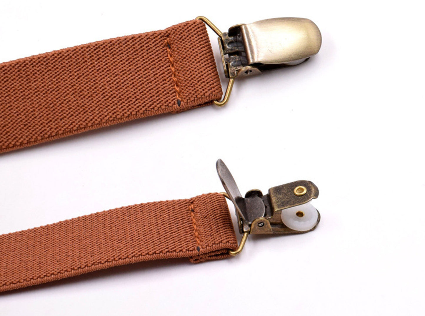 Tan Brown Cotton and Gold Leather Bow tie + matched Elastic Leather Suspenders Braces for Men / Youth / Boys Kids / Baby Infant Toddler