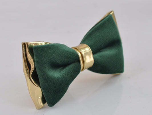 Dark Emerald Green Hunter Green Velvet Gold Golden Color Faux Leather 2 Layers Bow tie for Men Adult / Youth Teenage / Boy Kids / Baby