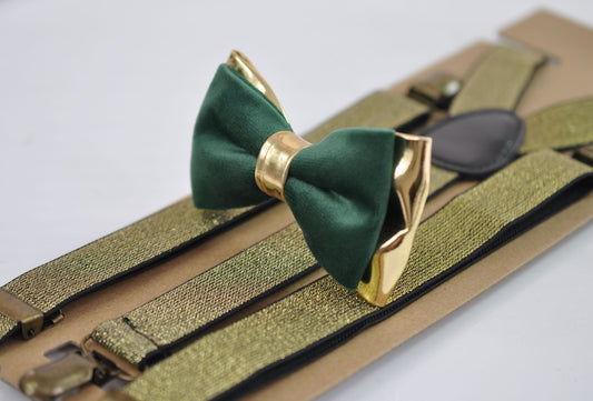 Emerald Green Velvet Gold Leather Bow tie+ Gold shining Elastic Suspenders Braces for Men / Youth / Boys Kids / Baby Infant Toddler