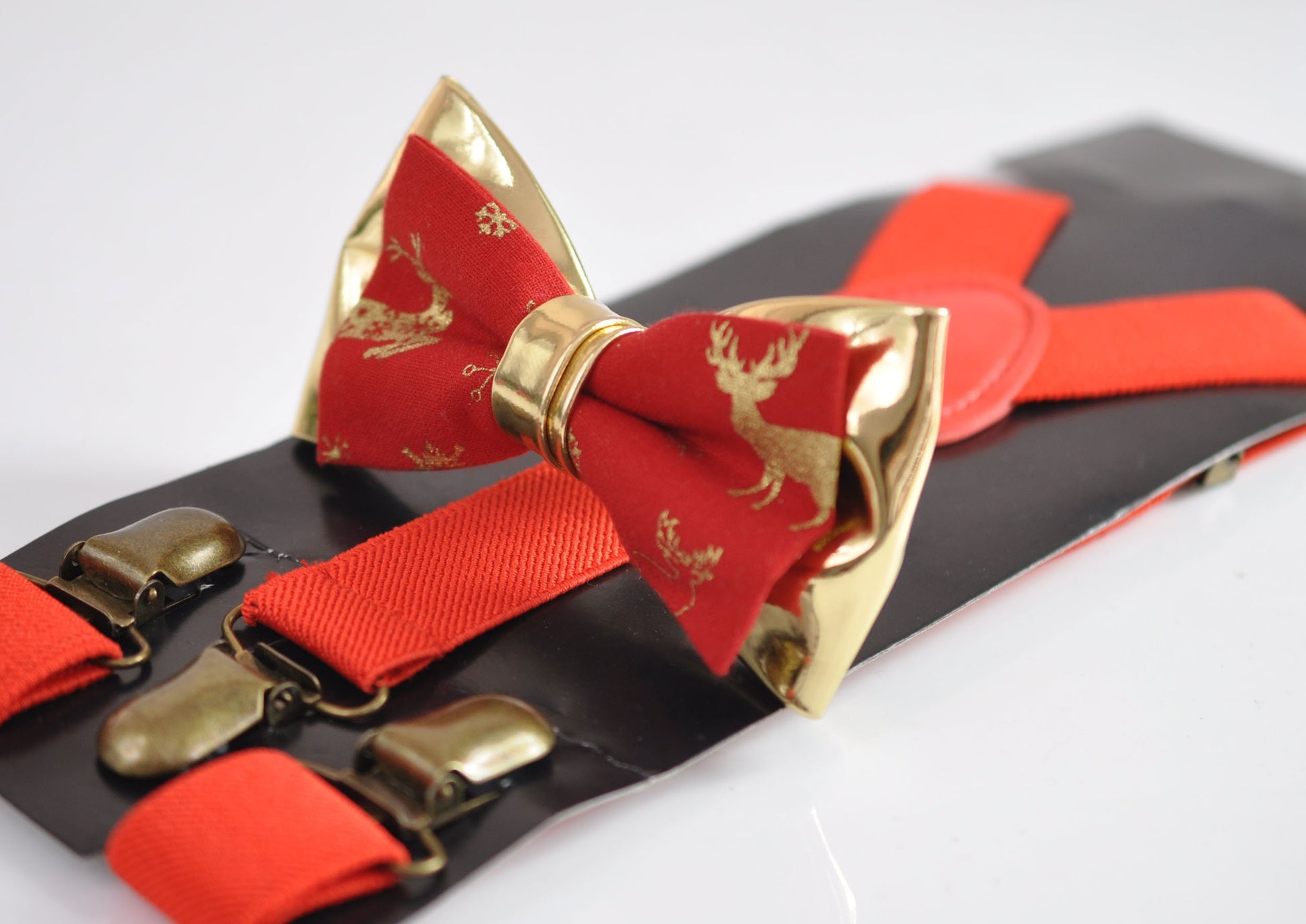 Xmas Christmas Elk Deer Red Gold Cotton Leather Bow tie + Red Elastic Suspenders Braces for Men / Youth / Boys Kids / Baby Infant Toddler