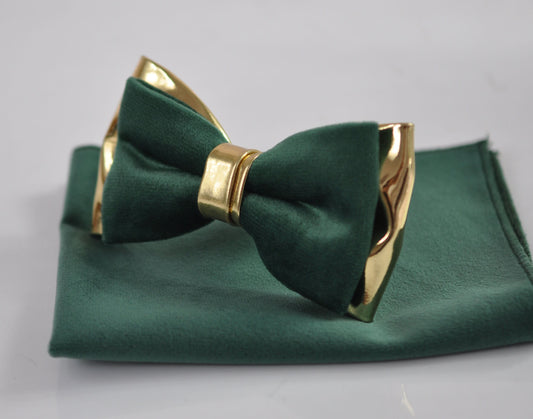 Emerald Green Velvet Gold Leather Bow tie Bowtie + pocket Square Hanky Handkerchief Wedding Men / Youth / Boys Kids / Baby Infant Toddler