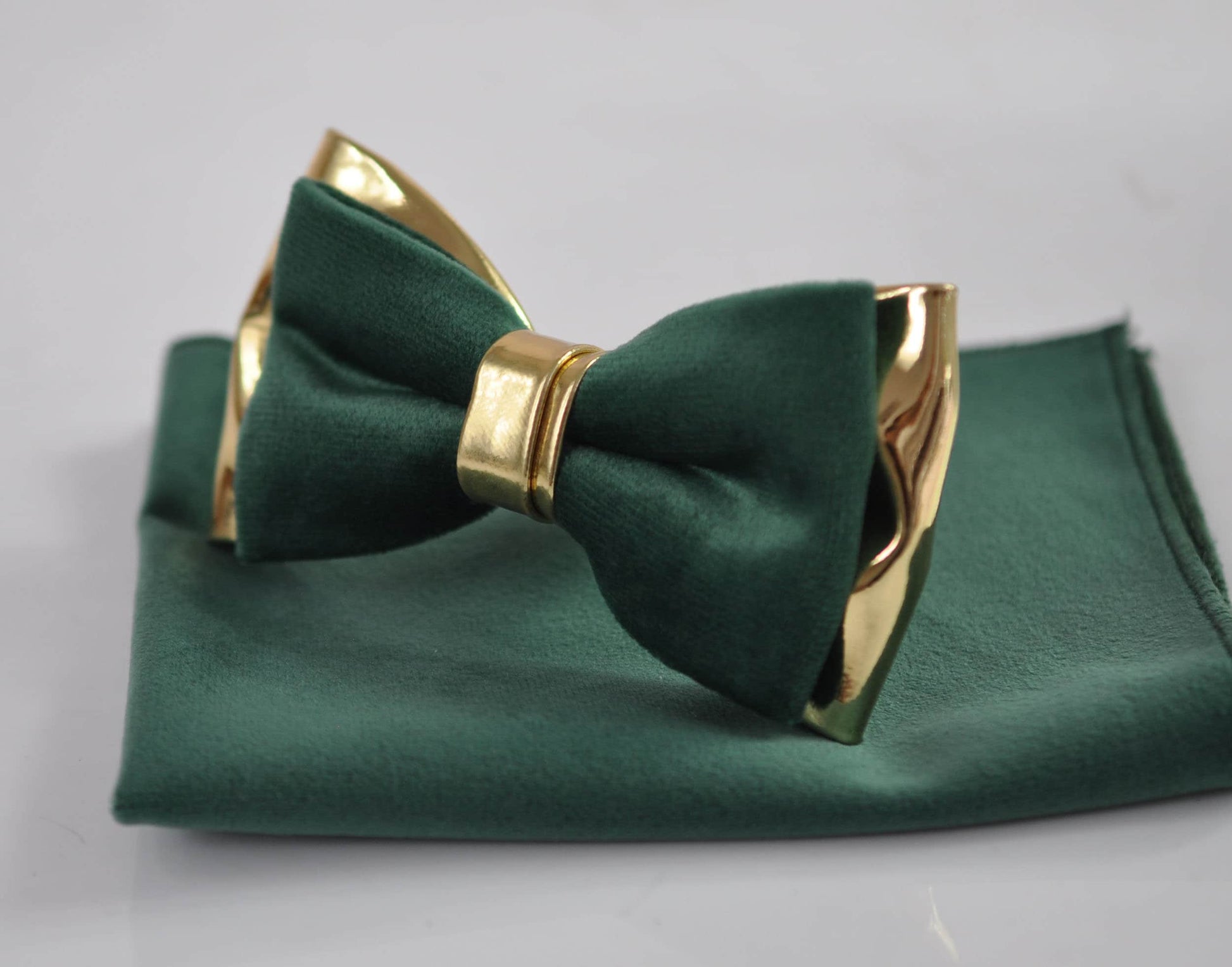 Emerald Green Velvet Gold Leather Bow tie + Tan Brown Suspenders Braces + Pocket Square Hanky for Men / Youth / Boys Kids / Baby Infant