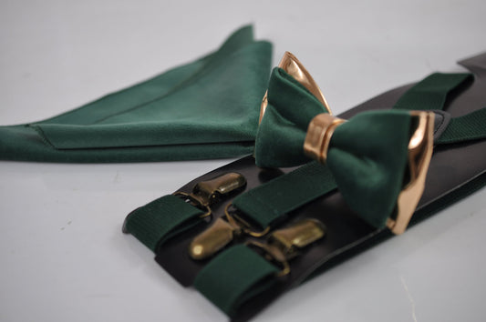 Emerald Green Velvet Rose Gold Leather Bow tie + Suspenders Braces + Pocket Square Handkerchief for Men / Youth / Boys Kids / Baby Infant