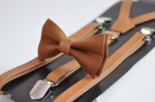 Tan Toffee Brown Cotton Bow tie + Tan Faux Leather Adjustable Suspenders Braces for Baby infant Toddler / Boy Kids / Youth Teenage