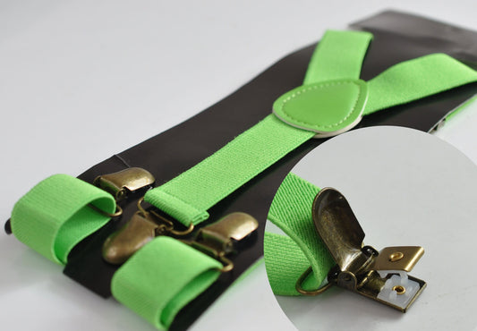 Lime Green 25MM Elastic Y-Back Suspenders Braces Bronze Metal Clips for Men Adult / Youth / Kids Boy /Toddler Baby Infant