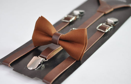 Tan Toffee Brown Cotton Bow tie + Brown Faux Leather Adjustable Suspenders Braces for Baby infant Toddler / Boy Kids / Youth Teenage