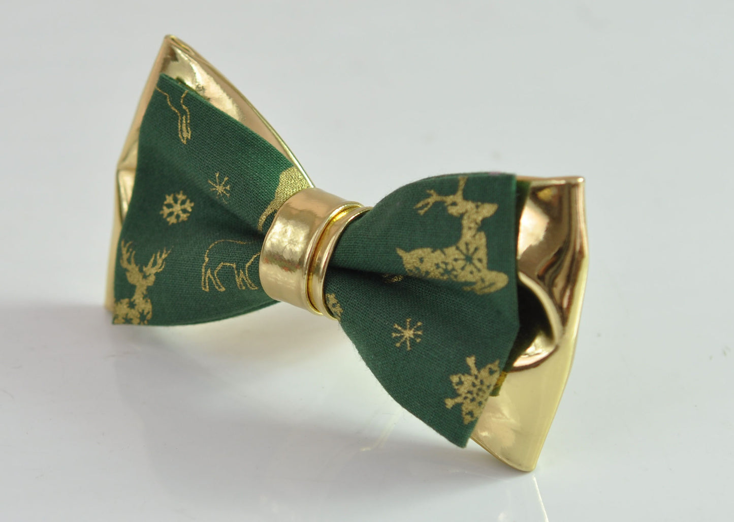 Green Cotton Gold Elk Deer Faux Leather 2Layers Xmas Christmas Pretied Bow Tie for Men Adult / Youth / Boy Kids / Baby Infant Toddler