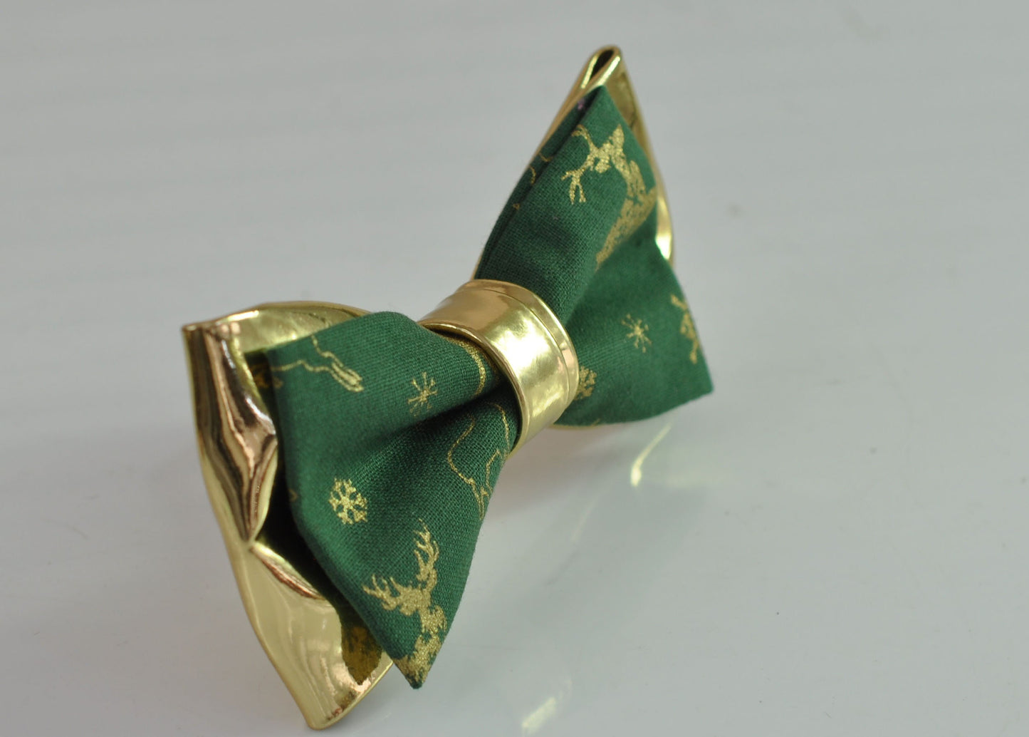 Green Cotton Gold Elk Deer Faux Leather 2Layers Xmas Christmas Pretied Bow Tie for Men Adult / Youth / Boy Kids / Baby Infant Toddler