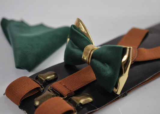 Emerald Green Velvet Gold Leather Bow tie + Tan Brown Suspenders Braces + Pocket Square Hanky for Men / Youth / Boys Kids / Baby Infant