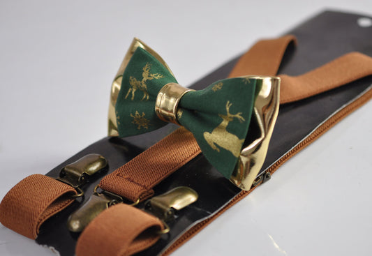 Xmas Christmas Elk Deer Green Gold Cotton Leather Bow tie + Tan Brown Suspenders Braces for Men / Youth / Boys Kids / Baby Infant Toddler