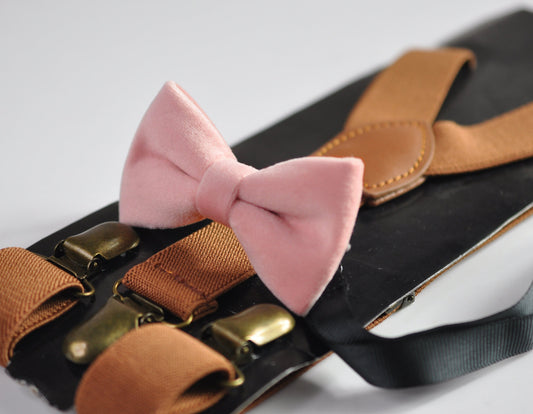 Dusky Dusty Rose Pink Blush Pink Velvet Bow tie + Tan Brown Elastic Suspenders Braces for Men / Youth / Boys Kids / Baby Infant Toddler