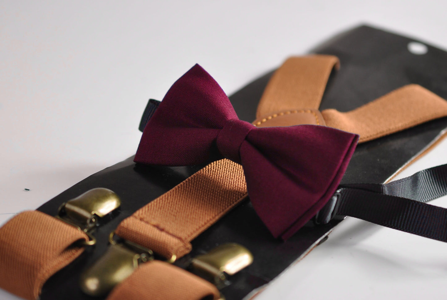 Rumba Red Wine Red Cotton Bow tie Bowtie + Tan Brown Elastic Suspenders Braces for Men / Youth Teenage/ Boys Kids / Baby Infant Toddler