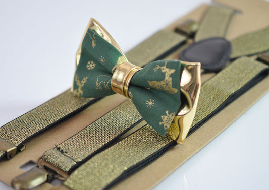 Xmas Christmas Elk Deer Green Gold Bow tie + Gold shining Elastic Suspenders Braces for Men / Youth Teenage/ Boys Kids / Baby Infant Toddler