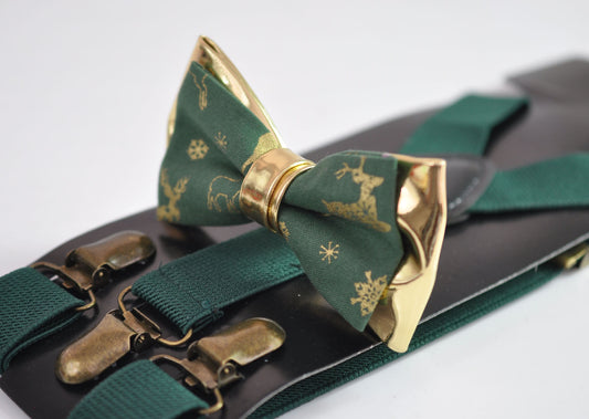 Xmas Christmas Elk Deer Green Gold Cotton Leather Bow tie + matched Suspenders Braces for Men / Youth / Boys Kids / Baby Infant Toddler