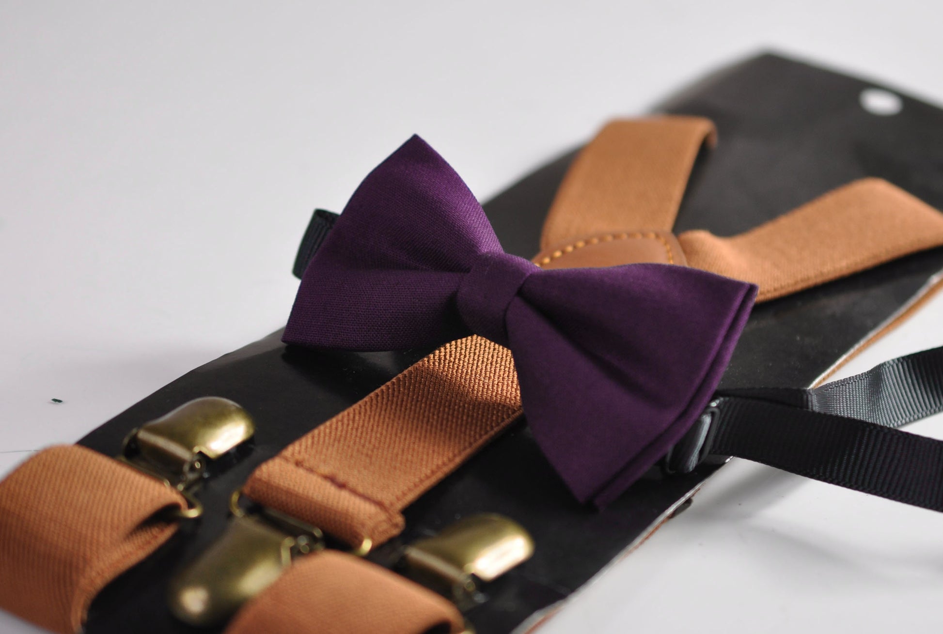 Purple Cotton Bow tie Bowtie + Tan Brown Elastic Suspenders Braces for Men / Youth / Boys Kids / Baby Infant Toddler