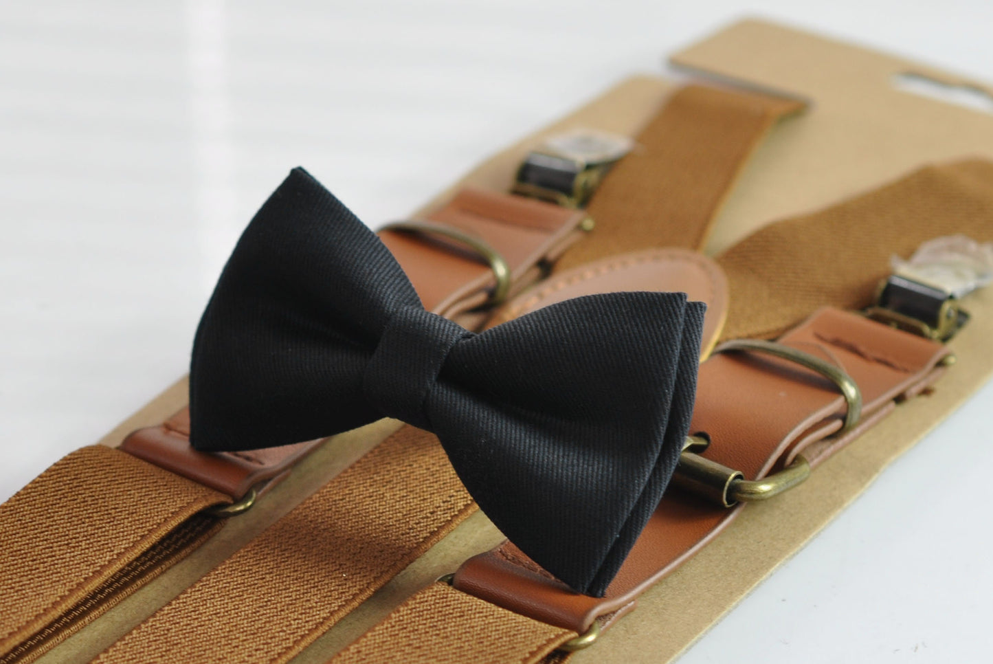 Black Cotton Bow tie + Toffee Brown Elastic Faux Leather Suspenders Braces for Baby infant Toddler / Boy Kids / Youth / Adult Men