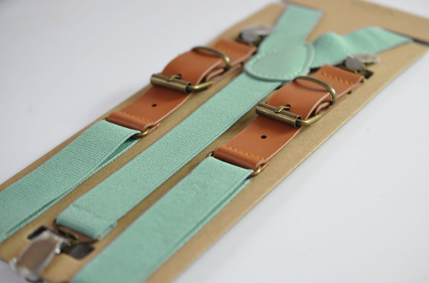 25mm Wide Dusty Sage Green Elastic Tan Faux Leather Adjustabale Suspenders Braces for Men / Youth / Boy Kids / Infant Toddler Baby