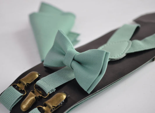 Sage Green Cotton Bow tie + Elastic Suspenders Braces + Pocket Square Hanky Handkerchief for Men / Youth / Boys Kids / Baby Infant