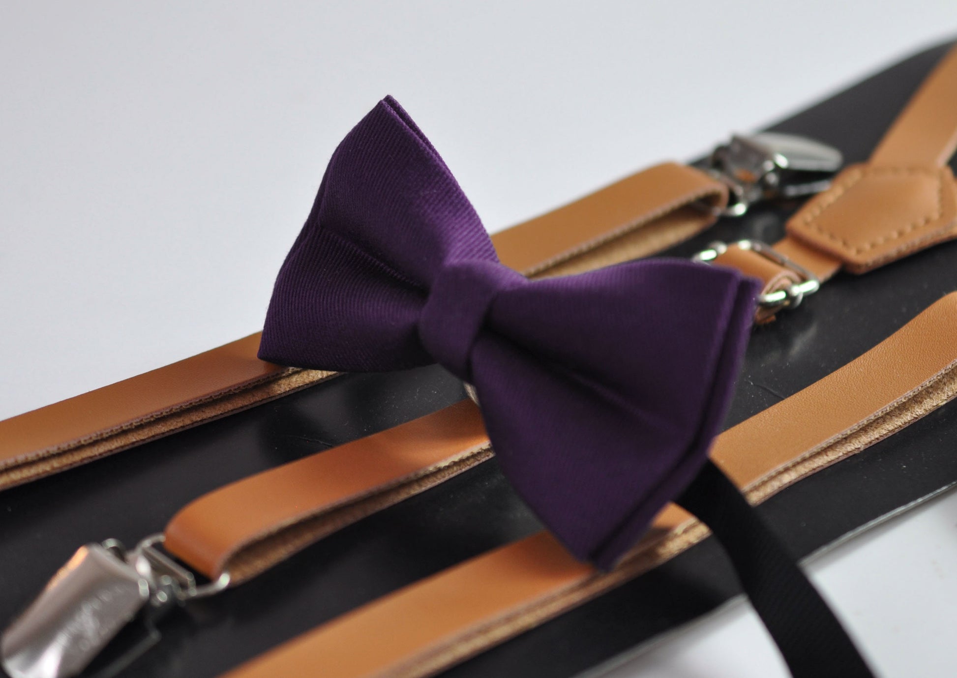 Eggplant Purple Dark Violet Purple Pretied Cotton Bow tie + Tan Faux Leather Suspenders for Baby infant toddler / Kids Boy / Youth Teenage
