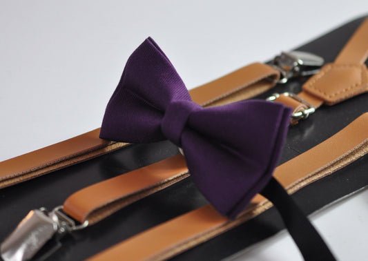 Eggplant Purple Dark Violet Purple Pretied Cotton Bow tie + Tan Faux Leather Suspenders for Baby infant toddler / Kids Boy / Youth Teenage