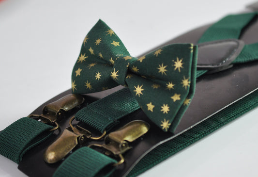 Xmas Christmas Gold Snowflake Stars Green Bow tie + matched Elastic Suspenders Braces for Men / Youth/ Boys Kids / Baby Infant Toddler