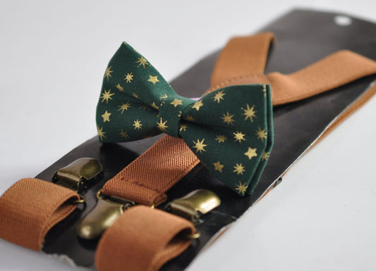 Xmas Christmas Gold Snowflake Stars Green Bow tie + Tan Brown Elastic Suspenders Braces for Men / Youth/ Boys Kids / Baby Infant Toddler