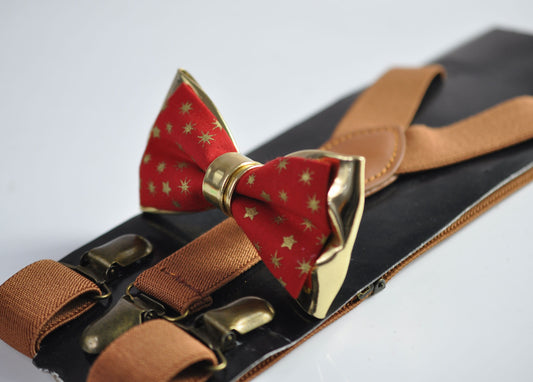 Xmas Christmas Snowflake Stars Gold Cotton Leather Bow tie + Tan Brown Elastic Suspenders Braces for Men / Youth / Boys Kids / Baby Toddler