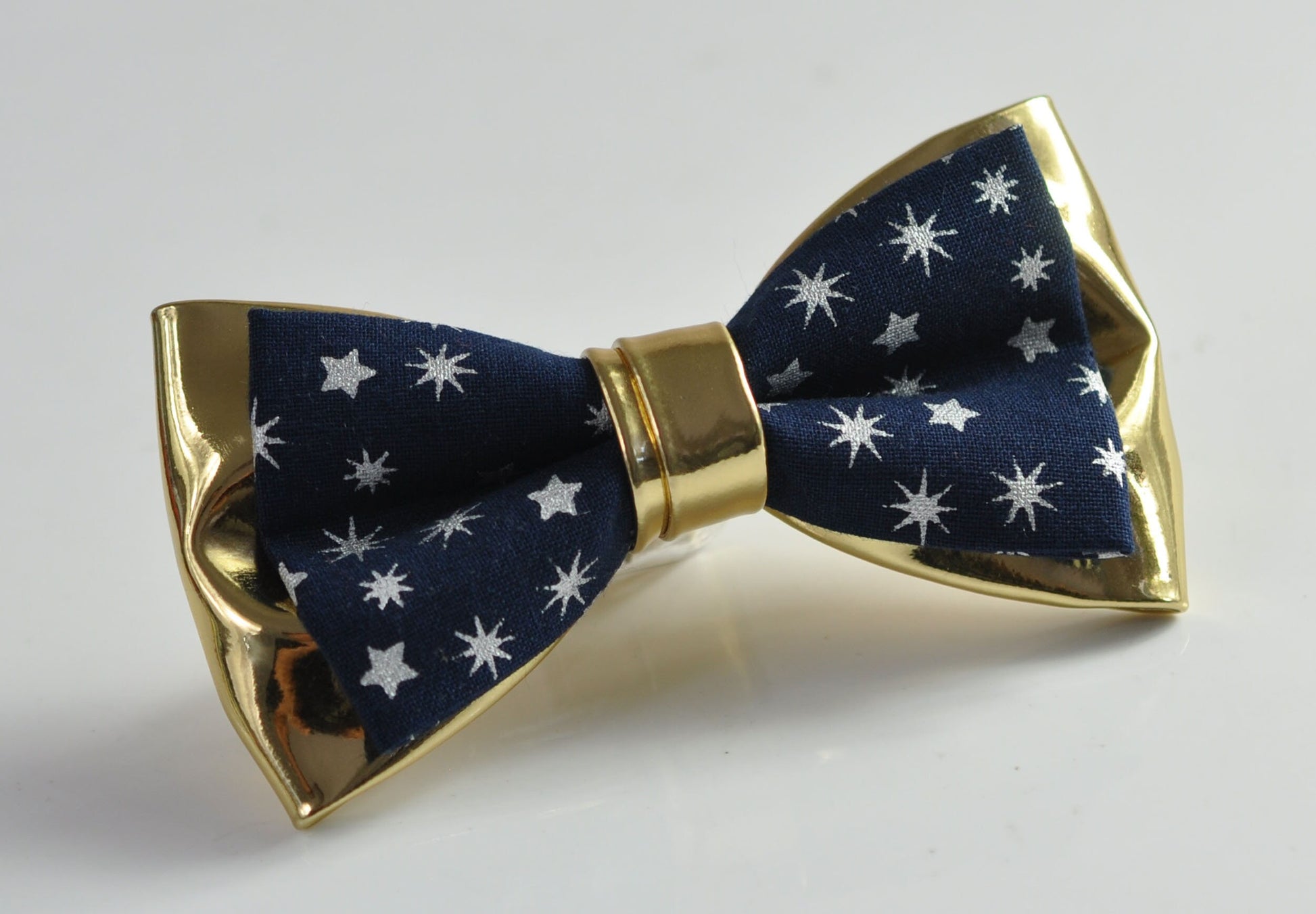 Navy Blue Cotton Snowflake Stars Gold Faux Leather Xmas Christmas Pretied Bow Tie for Men Adult / Youth / Boy Kids / Baby Infant Toddler