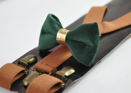 Emerald Green Velvet Gold Faux Leather Bow tie + Tan Brown Elastic Suspenders Braces for Men / Youth / Boys Kids / Baby Infant Toddler