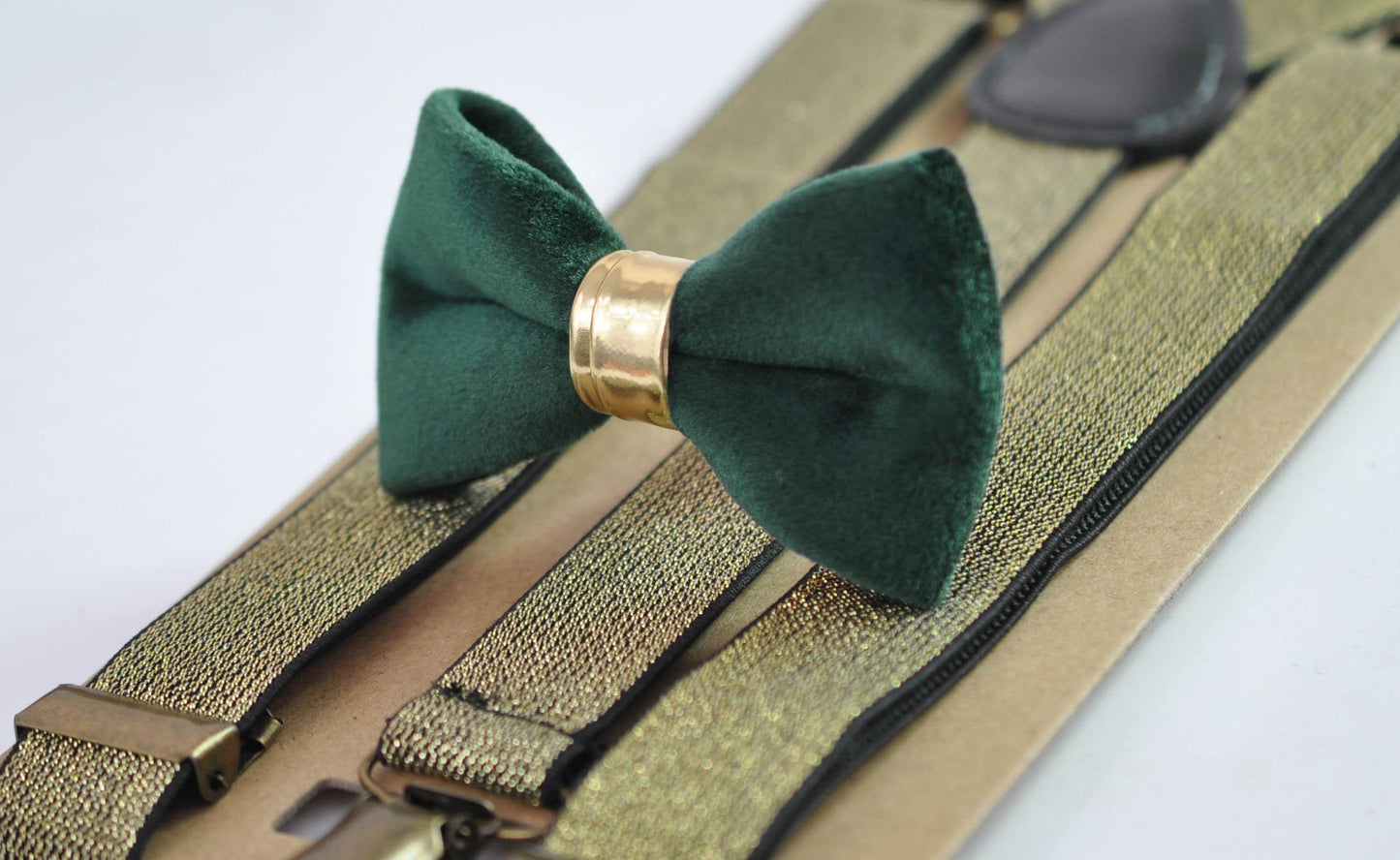 Emerald Green Velvet Gold Faux Leather Bow tie + Gold Shining Elastic Suspenders Braces for Men / Youth / Boys Kids / Baby Infant Toddler
