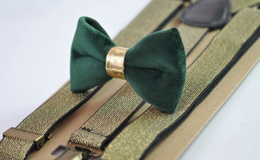 Emerald Green Velvet Gold Faux Leather Bow tie + Gold Shining Elastic Suspenders Braces for Men / Youth / Boys Kids / Baby Infant Toddler