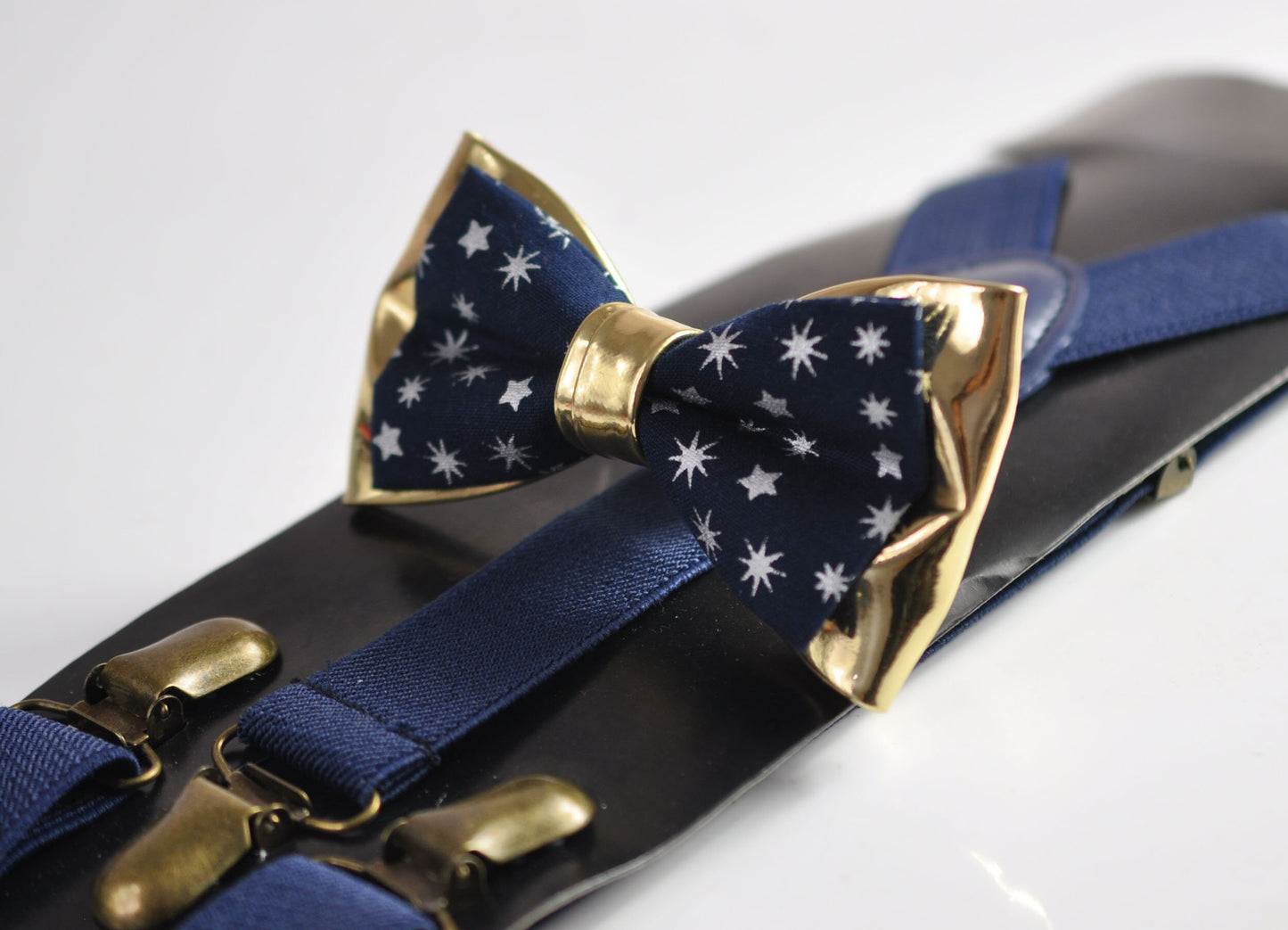 Christmas Snowflake Stars Cotton Gold Leather Bow tie + Navy Blue Elastic Suspenders Braces for Men / Youth/ Boys Kids / Baby Infant Toddler