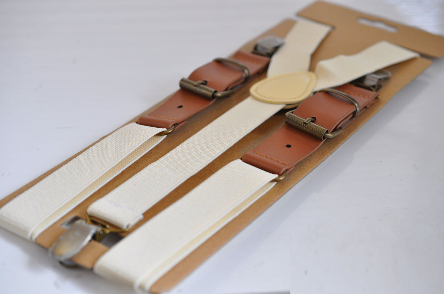 25mm Wide Off-White Ivory Cream Elastic Tan Faux Leather Adjustabale Suspenders Braces for Men / Youth / Boy Kids / Infant Toddler Baby