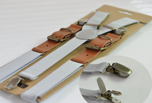 25mm Wide Silver Grey Light GrayElastic Tan Faux Leather Adjustabale Suspenders Braces for Men / Youth / Boy Kids / Infant Toddler Baby