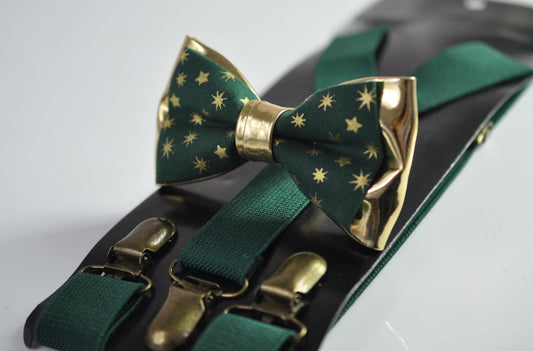 Xmas Christmas Snowflake Stars Gold Cotton Leather Bow tie + Green Elastic Suspenders Braces for Men / Youth / Boys Kids / Baby Toddler