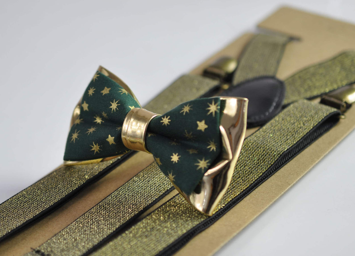 Xmas Christmas Snowflake Stars Gold Cotton Leather Bow tie + Shining Elastic Suspenders Braces for Men / Youth / Boys Kids / Baby Toddler