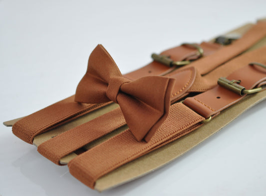 Tan Brown Cotton Bow tie + Matched Elastic Faux Leather Suspenders Braces for Baby infant Toddler / Boy Kids / Youth / Adult Men