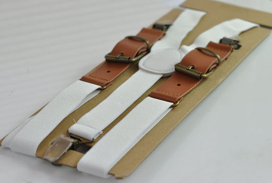 25mm Wide White Elastic Tan Faux Leather Adjustabale Suspenders Braces for Men / Youth / Boy Kids / Infant Toddler Baby