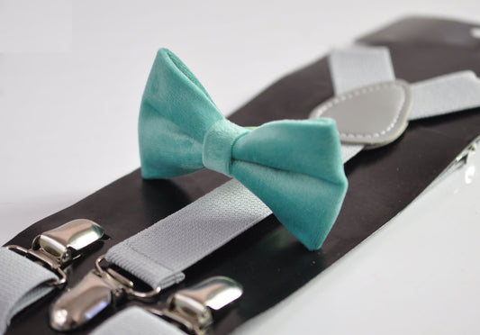 Sage Green Velvet Bow tie Bowtie + Silver Gray Grey Elastic Suspenders Braces for Men / Youth Teenage/ Boys Kids / Baby Infant Toddler