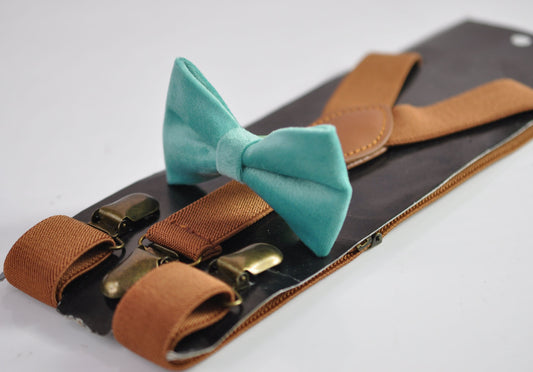 Sage Green Velvet Bow tie Bowtie + Tan Brown Elastic Suspenders Braces for Men / Youth / Boys Kids / Baby Infant Toddler