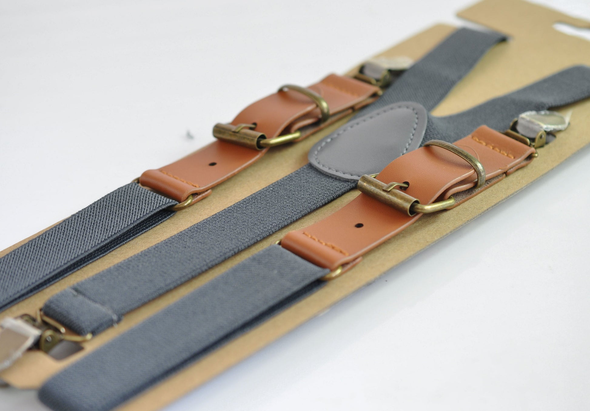 25mm Wide Dark Grey Gray Elastic Tan Faux Leather Adjustabale Suspenders Braces for Men / Youth / Boy Kids / Infant Toddler Baby