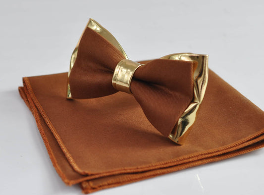 Tan brown Cotton Gold Leather Bow tie Bowtie + pocket Square Hanky Handkerchief Wedding for Men / Youth / Boys Kids / Baby Infant Toddler