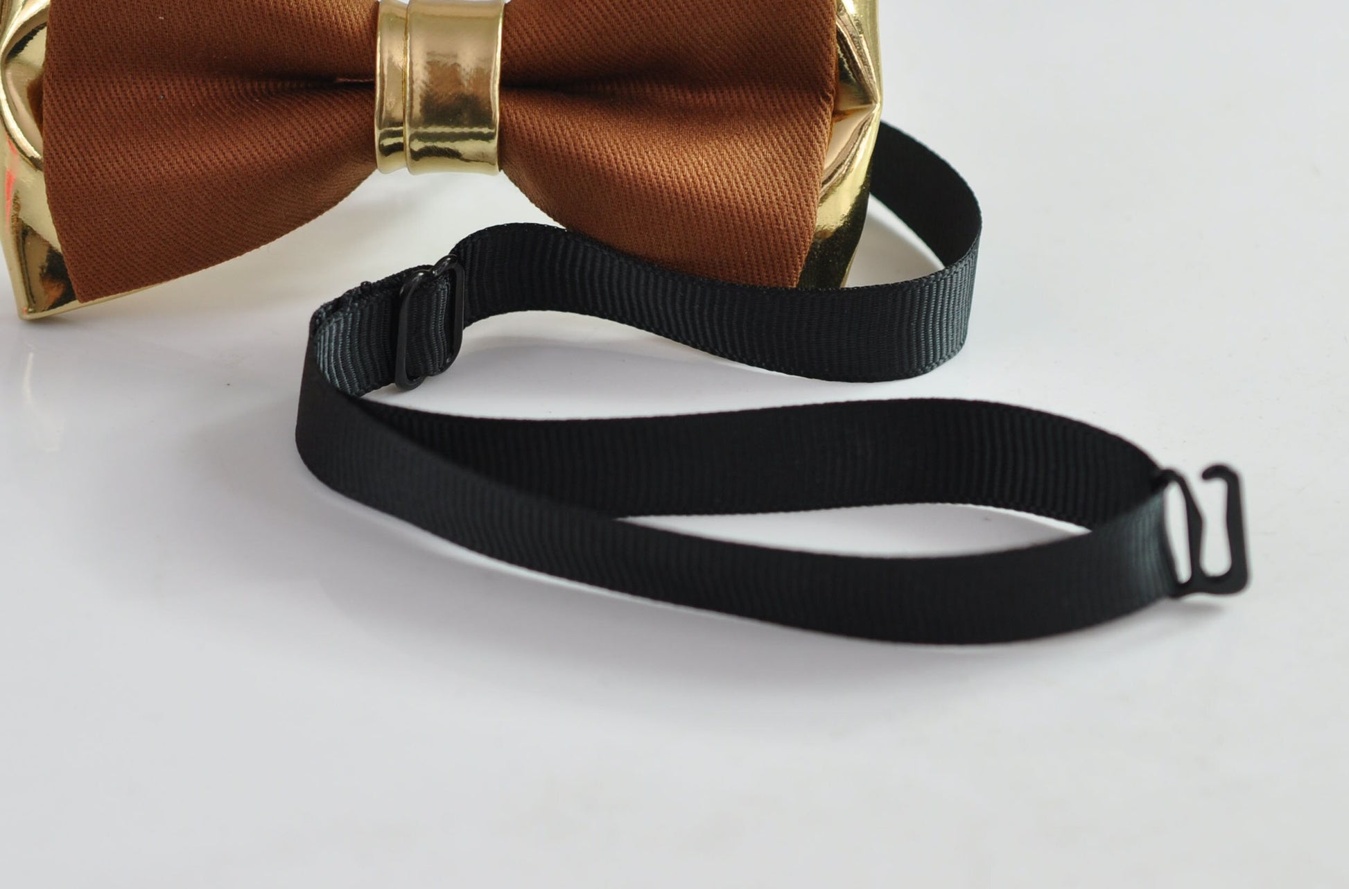 Tan Brown Cotton and Gold Leather Bow tie + matched Elastic Leather Suspenders Braces for Men / Youth / Boys Kids / Baby Infant Toddler
