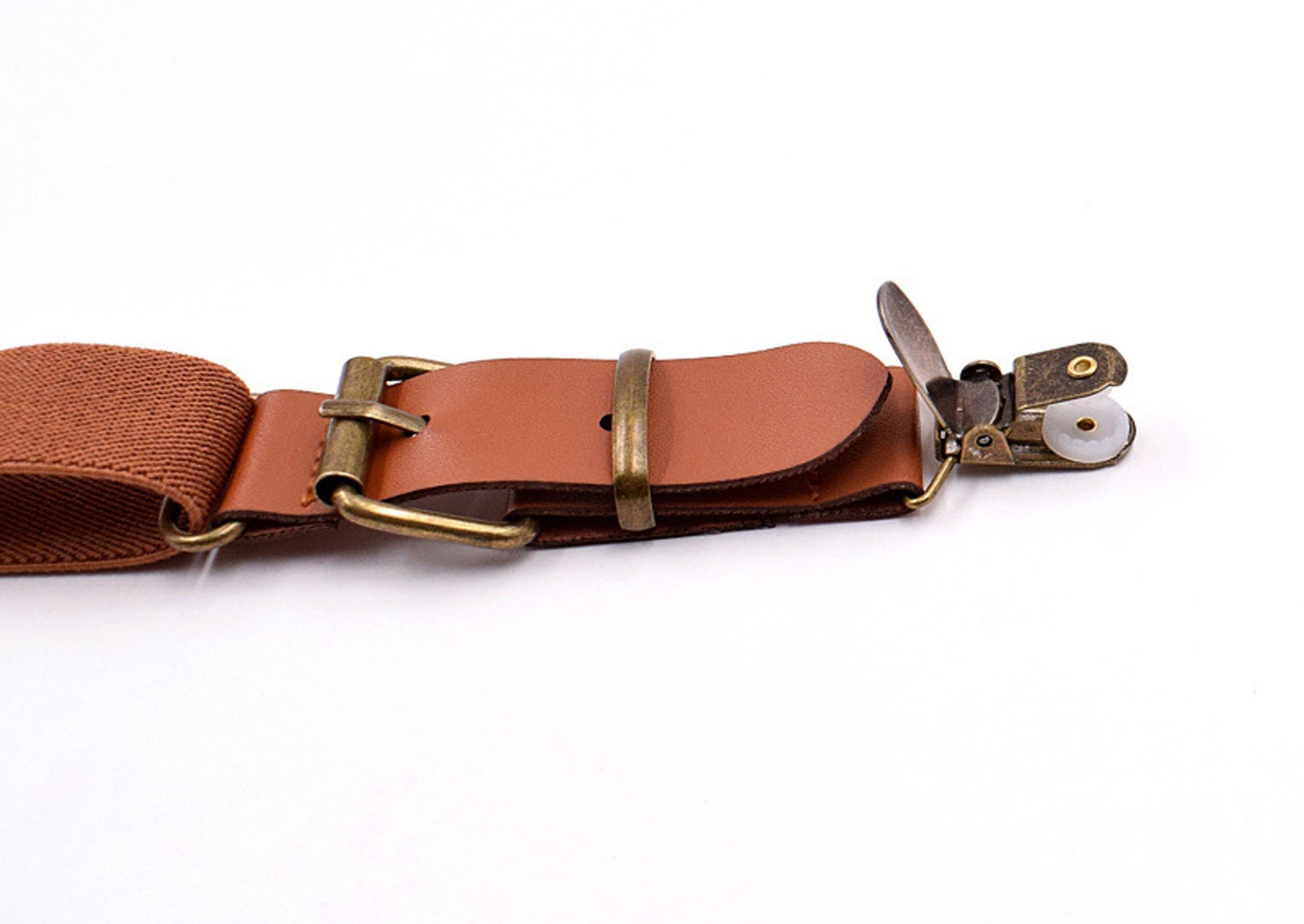 Tan Brown Cotton and Gold Leather Bow tie + matched Elastic Leather Suspenders Braces for Men / Youth / Boys Kids / Baby Infant Toddler