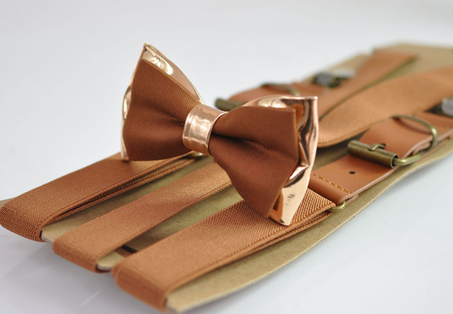 Tan Brown Cotton and Rose Gold Leather Bow tie + matched Elastic Leather Suspenders Braces for Men / Youth / Boys Kids / Baby Infant Toddler